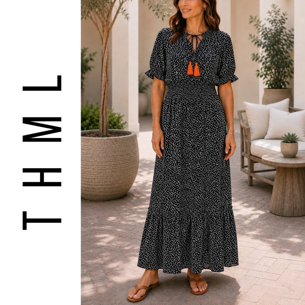 THML, Black Animal Print Smocked Waist Tie Tassel Maxi Dress Puff Sleeve Size XL